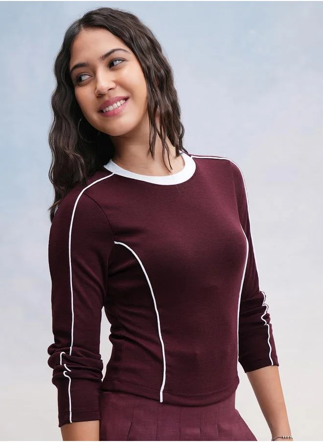 Tokyo Talkies Tokyo Talkies Solid Round Neck Piped Top