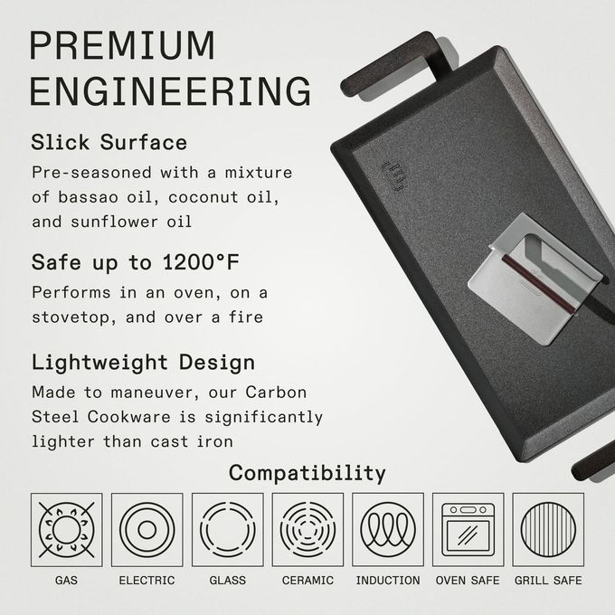 Madein Made In Cookware Carbon Steel Griddle + Grill Press (Like Cast Iron, But Better) Professional Cookware Crafted In Sweden Induction Compatible - Image 3