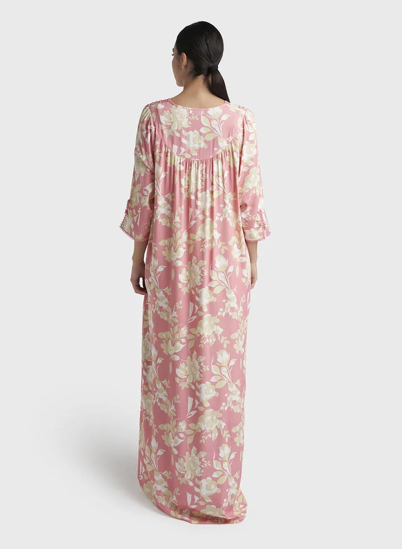 Kashkha  Salmon Print Rayon Long Nightwear Dress (CNH497) for Women | Best Price UAE