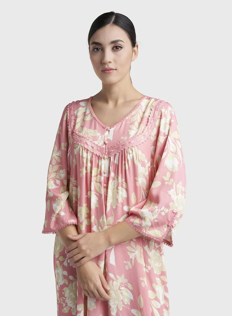 كشخة Salmon Print Rayon Long Nightwear Dress (CNH497)