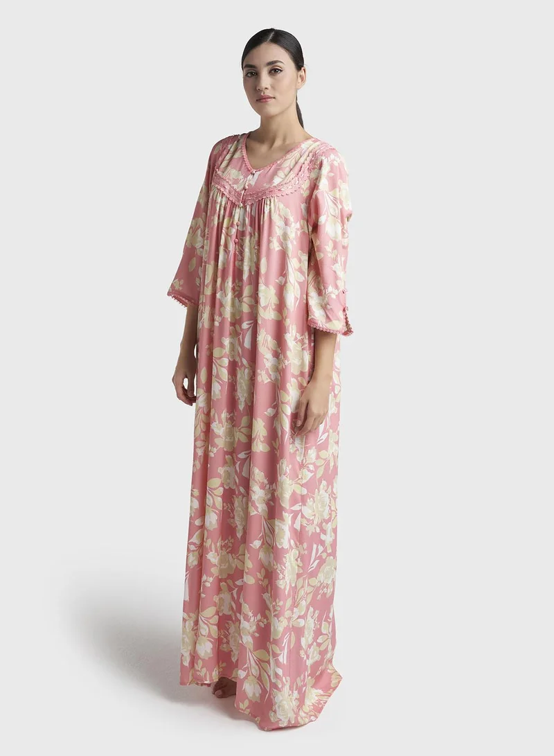 Kashkha  Salmon Print Rayon Long Nightwear Dress (CNH497) for Women | Best Price UAE