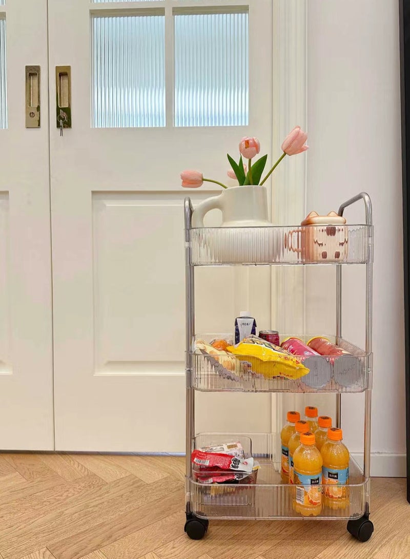 عربة أدوات تخزين متدحرجة من 3 طبقات، حامل عربة تخزين وتنظيم، عربة تخزين متعددة الوظائف، لون شفاف كريستالي، بكرات مصنوعة بعجلات قابلة للقفل، سهلة التجميع، تخزين مريح، مناسبة للحمام والمطبخ والمكتب - Image 3