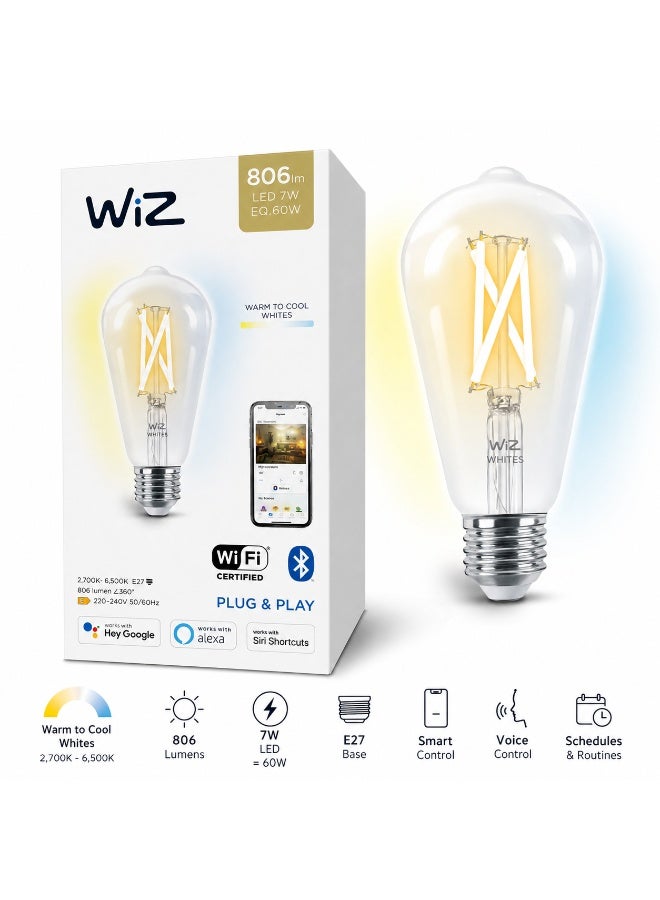 Wiz Smart LED Bulb E27 WiFi Bluetooth, ST64 Clear Filament Light Bulb, 7W 60W Equivalent, 806LM, Warm White to Cool White, Dimmable Smart Light for Home Bedroom Living Room, Alexa Google Siri Compatible - Image 1