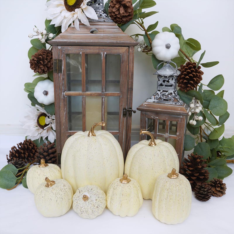 Winlyn Winlyn 7 Pcs Assorted Sizes Harvest Cream Artificial Pumpkins Faux Cream Pumpkins Foam Decorative Pumpkins for Fall Farmhouse Autumn Wedding Halloween Thanksgiving Rustic Harvest Table Centerpiece  - Image 5