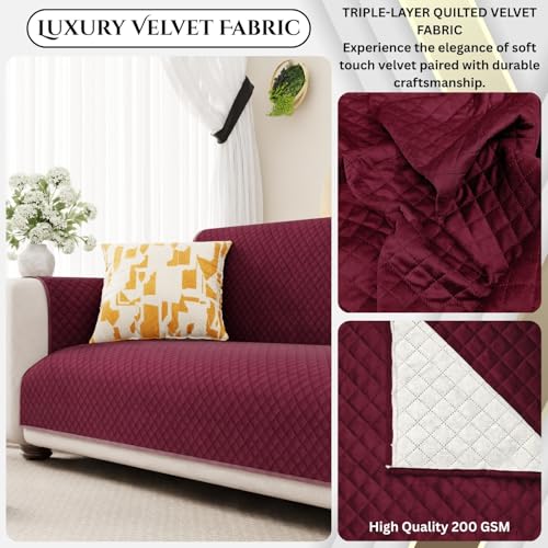 Lukzer 3 Seater Red Raspberry Quilted Velvet Sofa Mat | 200 GSM Soft Washable & Removable Couch Protector | Anti-Slip Elastic Strap Cover for Living Room, Pet & Spill Protection (170-180CM/SC-198-03) - Image 5