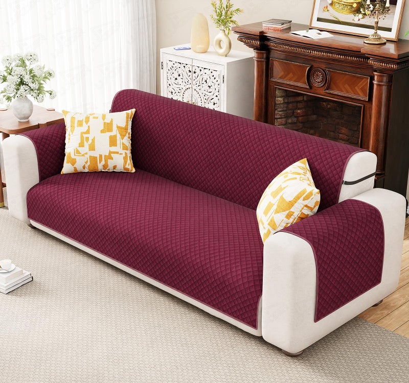 Lukzer 3 Seater Red Raspberry Quilted Velvet Sofa Mat | 200 GSM Soft Washable & Removable Couch Protector | Anti-Slip Elastic Strap Cover for Living Room, Pet & Spill Protection (170-180CM/SC-198-03) - Image 1