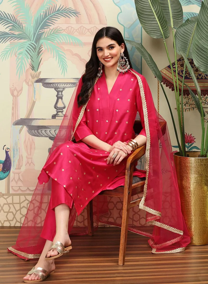 ISHIN Women's Pink Polyester Blend Embellished Tunic Full Length Casual Straight Fit Kurta Set