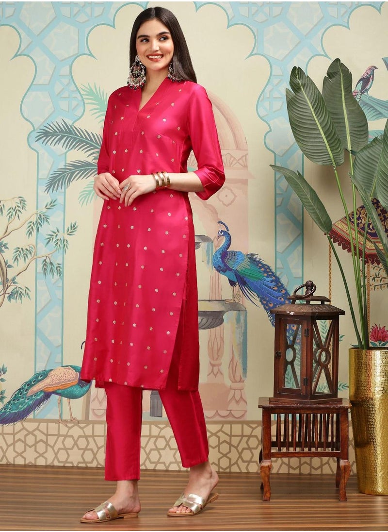 ISHIN Women's Pink Polyester Blend Embellished Tunic Full Length Casual Straight Fit Kurta Set  - Image 3