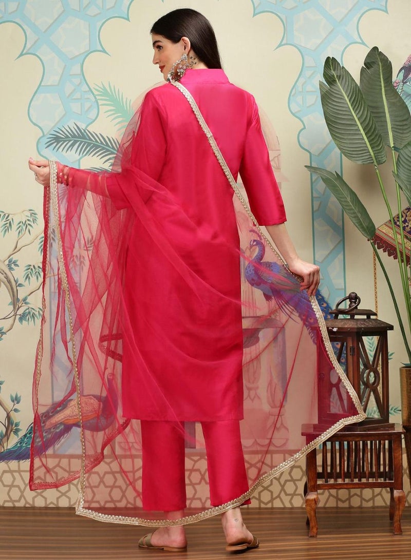 ISHIN Women's Pink Polyester Blend Embellished Tunic Full Length Casual Straight Fit Kurta Set  - Image 5