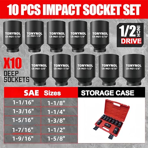 TONYNOL 1/2" Inch Drive Impact Socket Set,6-Point,SAE (1-1/16" to 1-5/8"),10 PC Deep,Heavy Duty Impact Socket Set,With a Storage Case - Image 2