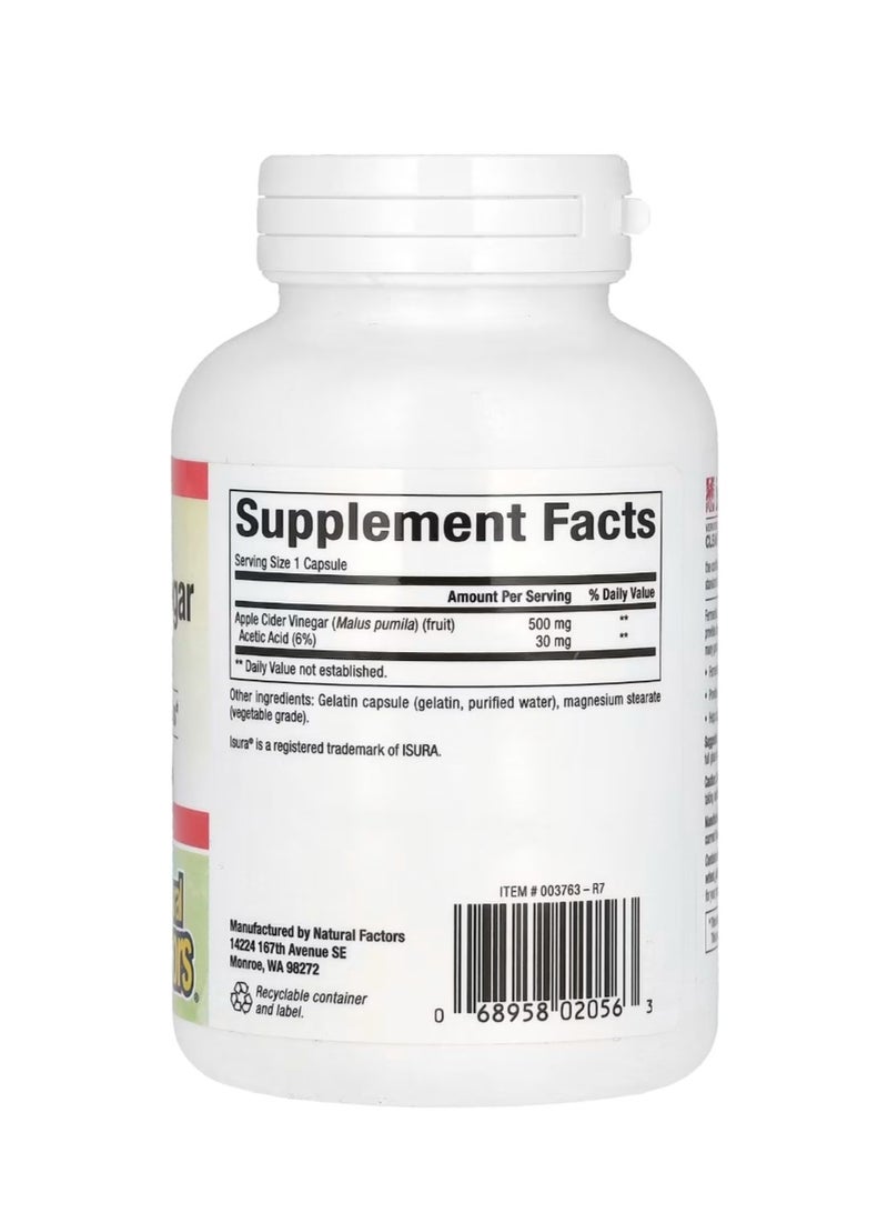 natural Factors Fermented Apple Cider Vinegar 500 mg 180 Easy to Swallow Capsules - Image 2