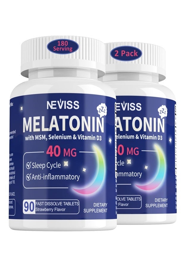 NEVISS ميلاتونين 40 ملغ للبالغين - سريع الذوبان وقابل للمضغ مكمل نوم تحت اللسان - ميلاتونين قوي مع فيتامين D3 و MSM والسيلينيوم لدورة الراحة الصحية، نوم عميق، خالي من السكر، 180 حصة - Image 1