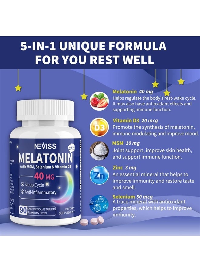 NEVISS ميلاتونين 40 ملغ للبالغين - سريع الذوبان وقابل للمضغ مكمل نوم تحت اللسان - ميلاتونين قوي مع فيتامين D3 و MSM والسيلينيوم لدورة الراحة الصحية، نوم عميق، خالي من السكر، 180 حصة - Image 4