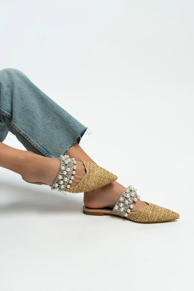 Nişantaşı Shoes Fomax Beige Wicker Pearl Detail Women's Heeled Slippers