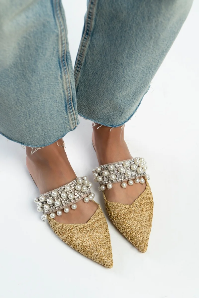 Nişantaşı Shoes Fomax Beige Wicker Pearl Detail Women's Heeled Slippers