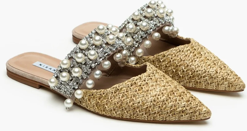 Nişantaşı Shoes Fomax Beige Wicker Pearl Detail Women's Heeled Slippers