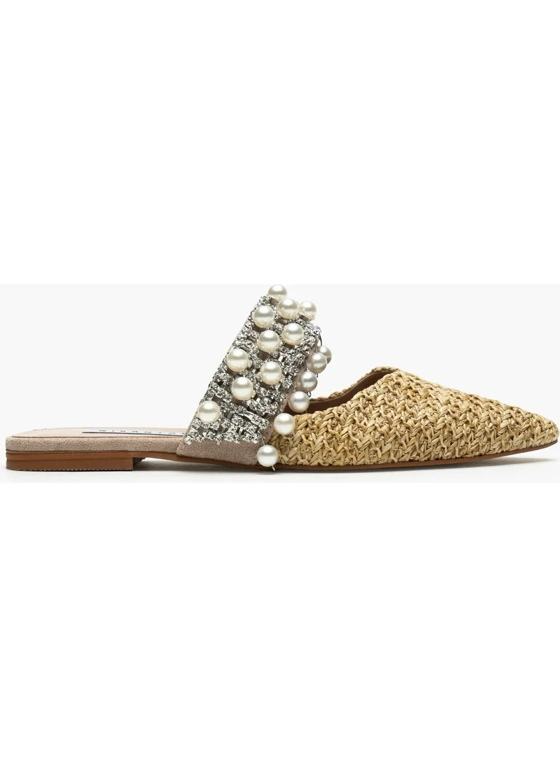 Nişantaşı Shoes Fomax Beige Wicker Pearl Detail Women's Heeled Slippers