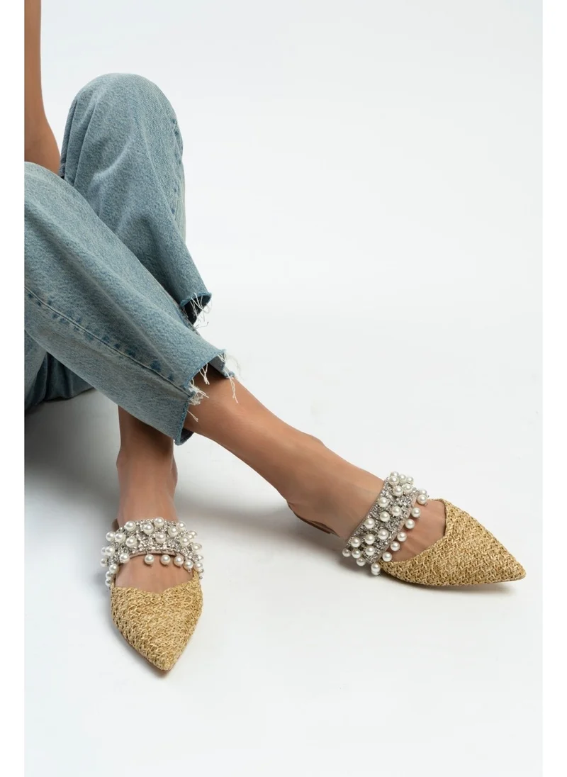 Nişantaşı Shoes Fomax Beige Wicker Pearl Detail Women's Heeled Slippers
