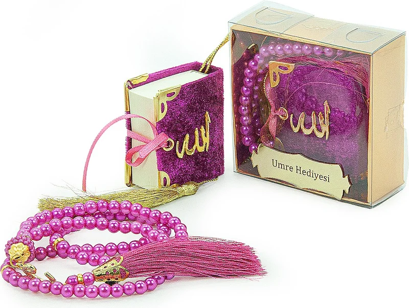 ايهفان 10 Pieces Personalized Boxed Pearl Prayer Beads Velvet Covered Mini Quran Mevlüt Gift Fuchsia