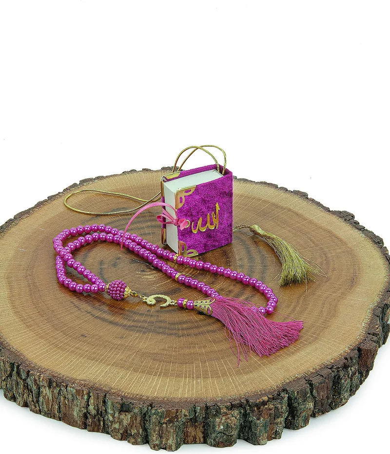ايهفان 10 Pieces Personalized Boxed Pearl Prayer Beads Velvet Covered Mini Quran Mevlüt Gift Fuchsia