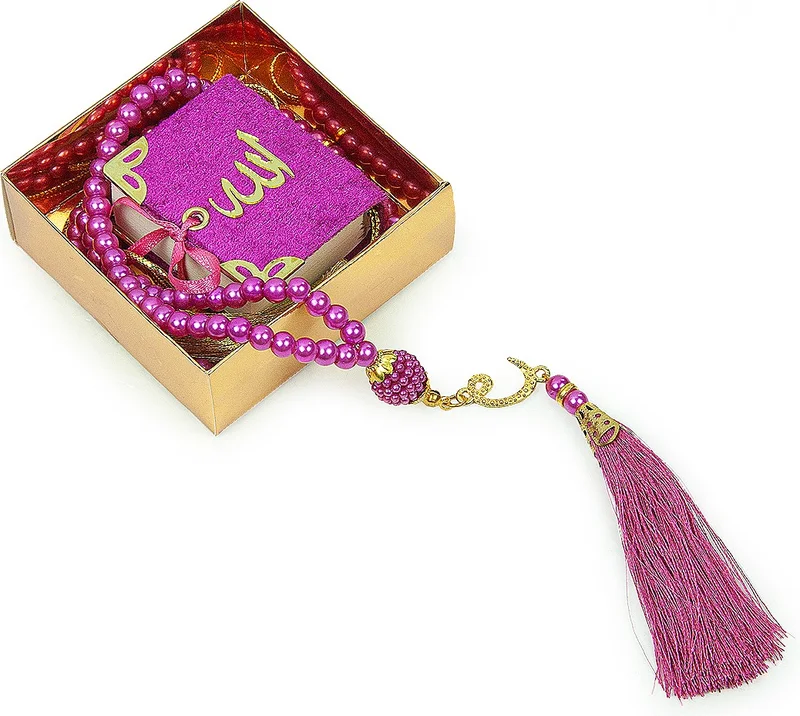 ايهفان 10 Pieces Personalized Boxed Pearl Prayer Beads Velvet Covered Mini Quran Mevlüt Gift Fuchsia