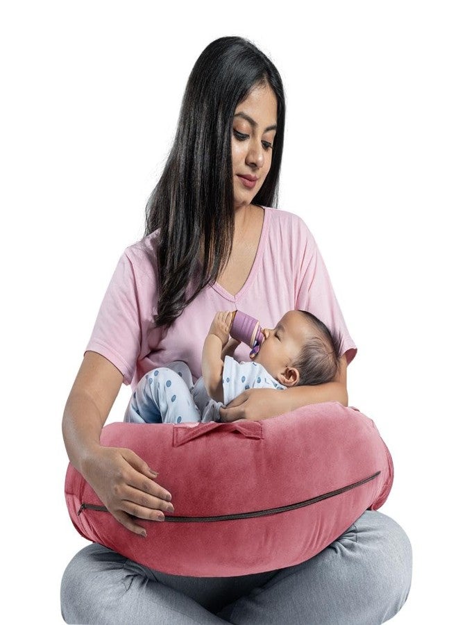 Wakefit Feeding Pillow for New Born Baby | 3 Months Warranty | 5 in 1 Nursing Pillow with Belt and Hoop for Breastfeeding with Velvet Removable Cover | Pink - Image 1