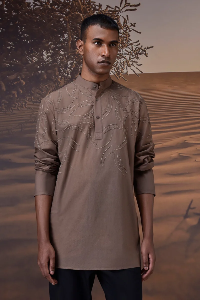 Genes Lecoanet Hemant Embroidered Warm Beige Poplin Band-Collar Shirt