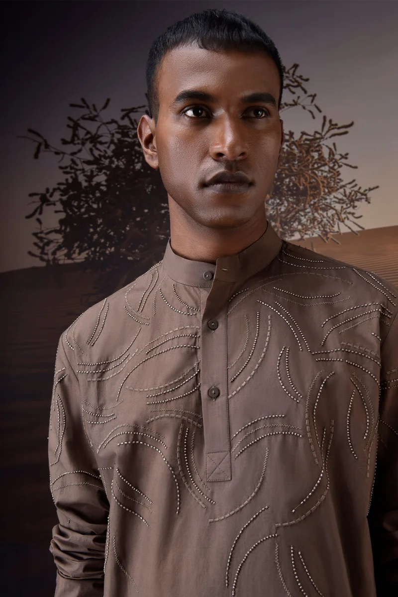 Genes Lecoanet Hemant Embroidered Warm Beige Poplin Band-Collar Shirt
