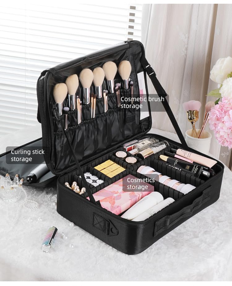 J&UNIQUE JUNIQUE Extra Large Makeup Organizer Professional Travel Makeup Bag with Adjustable Dividers Angled Fixed Belt Shoulder Strap and Stylish Design for Womens Toiletry Essentials - Image 2