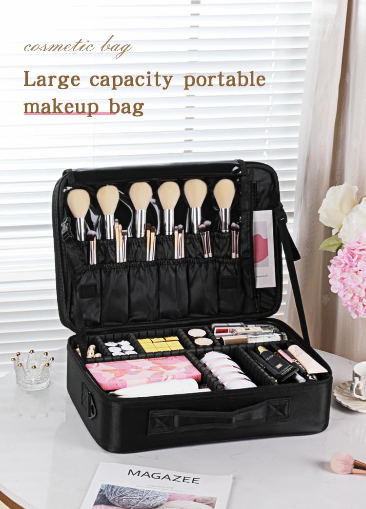 J&UNIQUE JUNIQUE Extra Large Makeup Organizer Professional Travel Makeup Bag with Adjustable Dividers Angled Fixed Belt Shoulder Strap and Stylish Design for Womens Toiletry Essentials - Image 3
