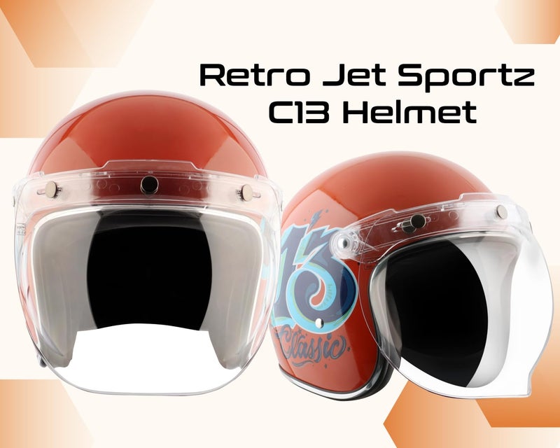Axor Retro Jet Sportz C13 ISI and DOT Certified Gloss Finish Open Face Helmet for Men and Women with Clear Visor- Orange Blue-L - Image 4