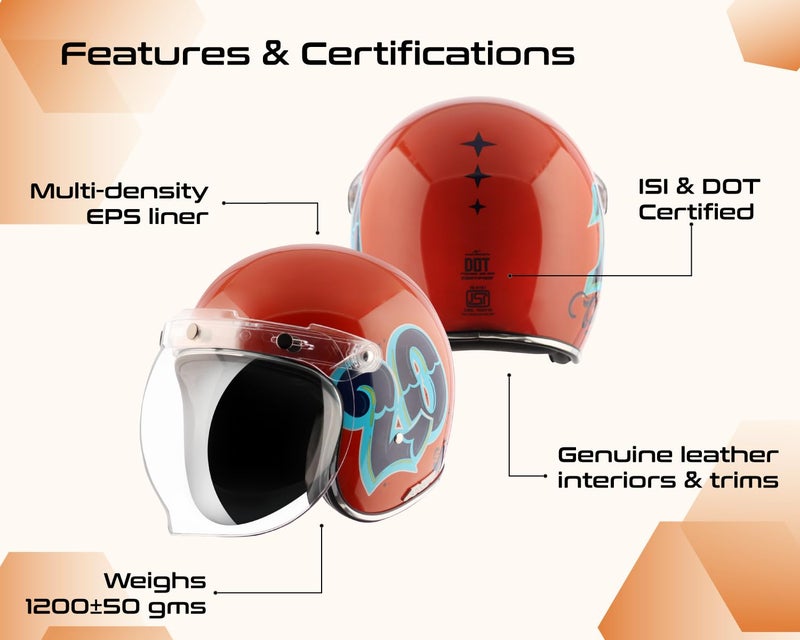 Axor Retro Jet Sportz C13 ISI and DOT Certified Gloss Finish Open Face Helmet for Men and Women with Clear Visor- Orange Blue-L - Image 5