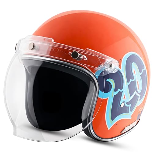 Axor Retro Jet Sportz C13 ISI and DOT Certified Gloss Finish Open Face Helmet for Men and Women with Clear Visor- Orange Blue-L - Image 1