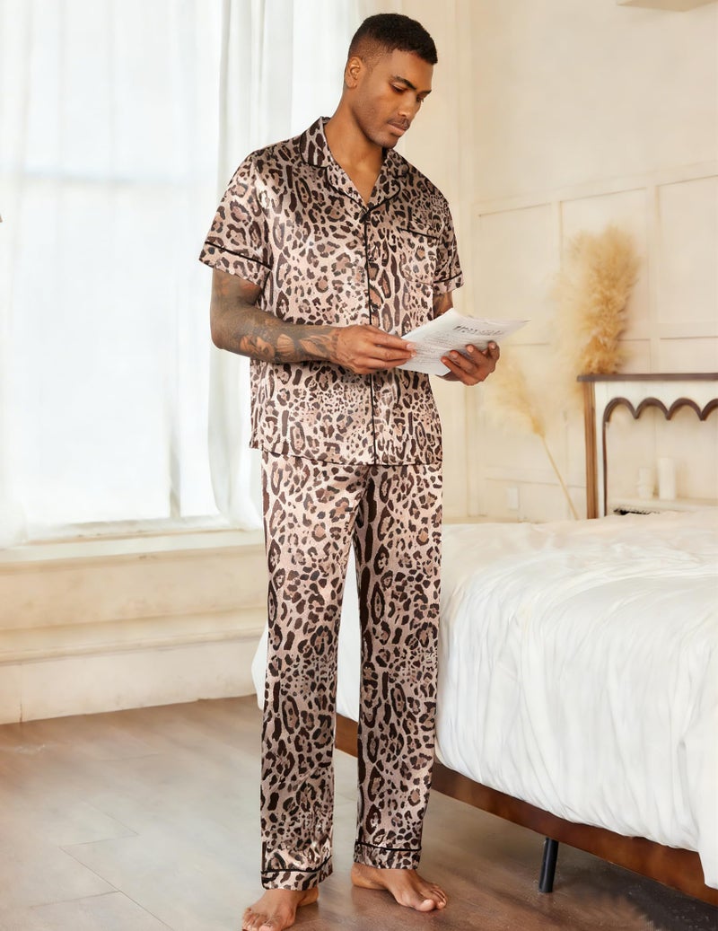 Ekouaer Mens Satin Pajama Set Short Sleeve Button Down Sleepwear Classic Loungewear Set with Pants - Image 2