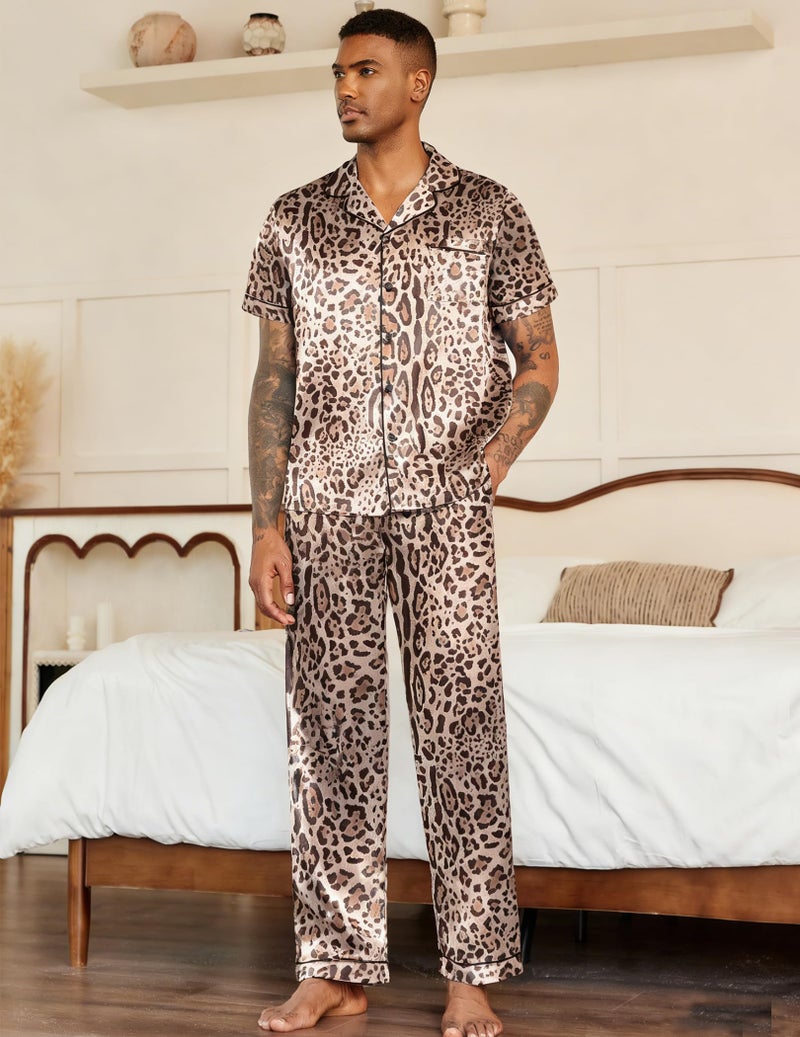 Ekouaer Mens Satin Pajama Set Short Sleeve Button Down Sleepwear Classic Loungewear Set with Pants - Image 4