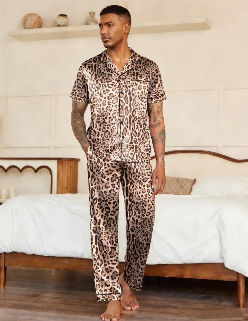 Ekouaer Mens Satin Pajama Set Short Sleeve Button Down Sleepwear Classic Loungewear Set with Pants - Image 3