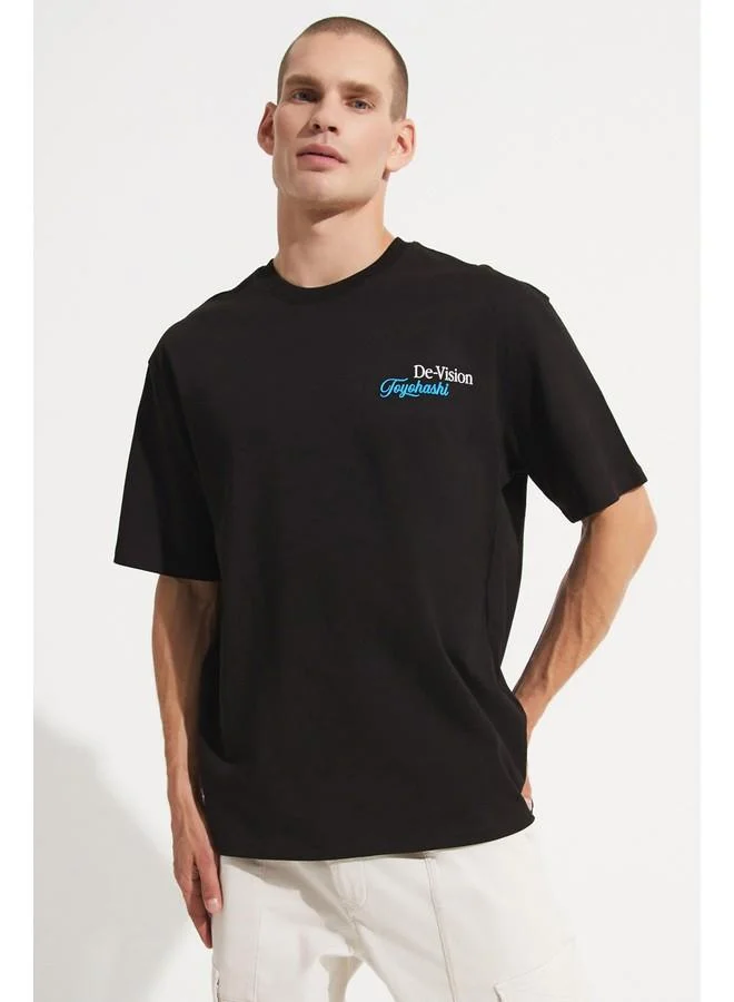 JUNE June Men Oversize Pattern Crew Neck Printed Tshirt Black