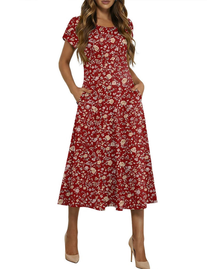 HOTOUCH Cotton Midi Dresses for Women 2026 Short Sleeve Summer Dresses Ladies Boho Floral Dress Long Beach Sundress, Red Floral 02,S - Image 1
