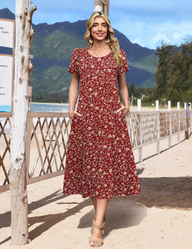 HOTOUCH Cotton Midi Dresses for Women 2026 Short Sleeve Summer Dresses Ladies Boho Floral Dress Long Beach Sundress, Red Floral 02,S - Image 3
