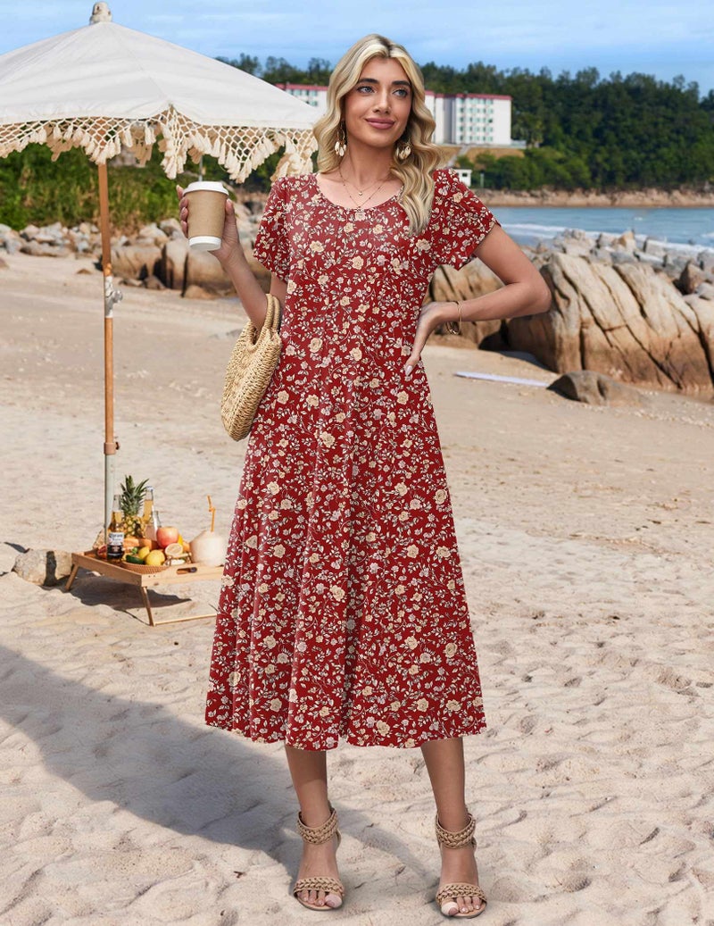 HOTOUCH Cotton Midi Dresses for Women 2026 Short Sleeve Summer Dresses Ladies Boho Floral Dress Long Beach Sundress, Red Floral 02,S - Image 4