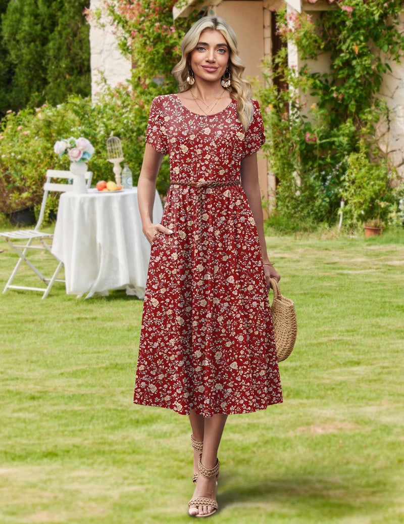 HOTOUCH Cotton Midi Dresses for Women 2026 Short Sleeve Summer Dresses Ladies Boho Floral Dress Long Beach Sundress, Red Floral 02,S - Image 5