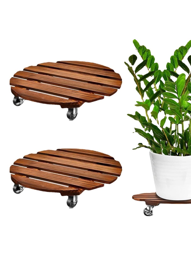 2 Pack Plant Caddy Wood Plant Stands 30CM/12 Inch with Wheels, Round Rolling Plant Stand with Metal Lockable Caster Wheels, Heavy Duty Wooden Plant Pot Trolley - Image 1