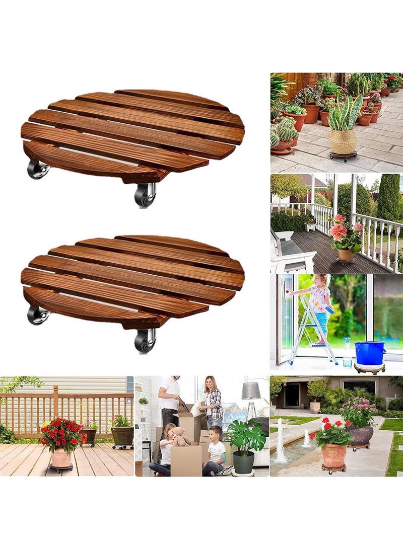 2 Pack Plant Caddy Wood Plant Stands 30CM/12 Inch with Wheels, Round Rolling Plant Stand with Metal Lockable Caster Wheels, Heavy Duty Wooden Plant Pot Trolley - Image 5