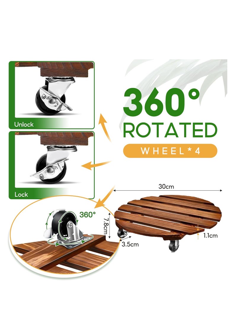 2 Pack Plant Caddy Wood Plant Stands 30CM/12 Inch with Wheels, Round Rolling Plant Stand with Metal Lockable Caster Wheels, Heavy Duty Wooden Plant Pot Trolley - Image 2
