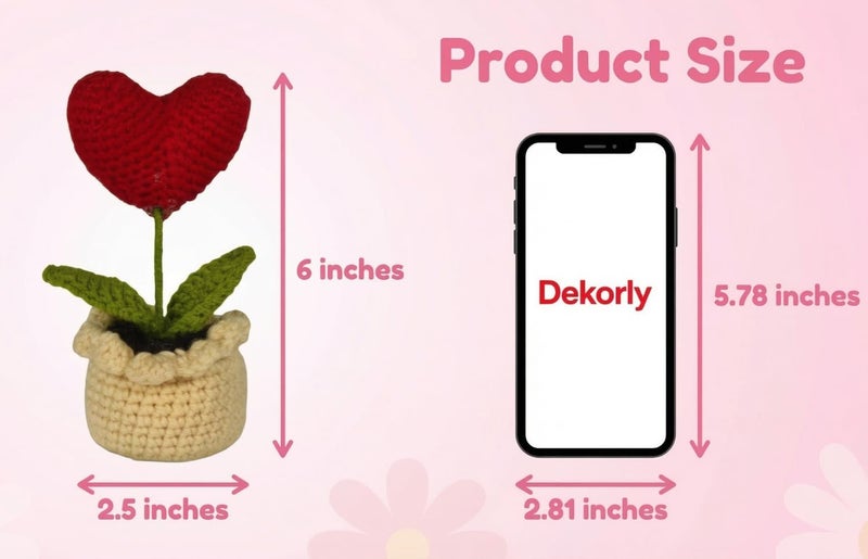 Dekorly Crochet Red Heart Flower – 6 Inch Handmade Knitted Love for Valentine’s Day Gift, Romantic Home Decor, Anniversary & Proposal Keepsake (with Pot) (Crochet Red Heart) - Image 3