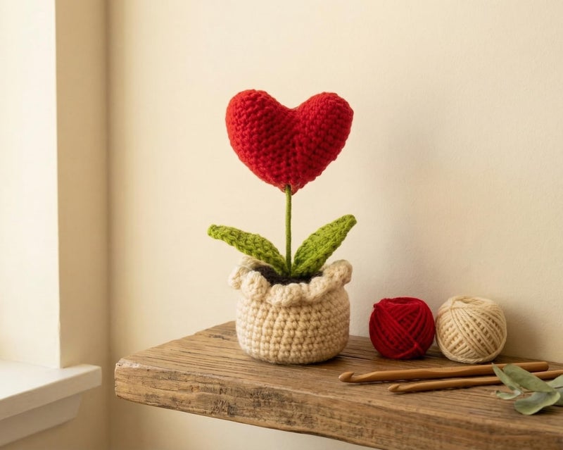 Dekorly Crochet Red Heart Flower – 6 Inch Handmade Knitted Love for Valentine’s Day Gift, Romantic Home Decor, Anniversary & Proposal Keepsake (with Pot) (Crochet Red Heart) - Image 5
