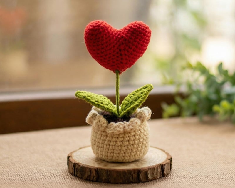 Dekorly Crochet Red Heart Flower – 6 Inch Handmade Knitted Love for Valentine’s Day Gift, Romantic Home Decor, Anniversary & Proposal Keepsake (with Pot) (Crochet Red Heart) - Image 2