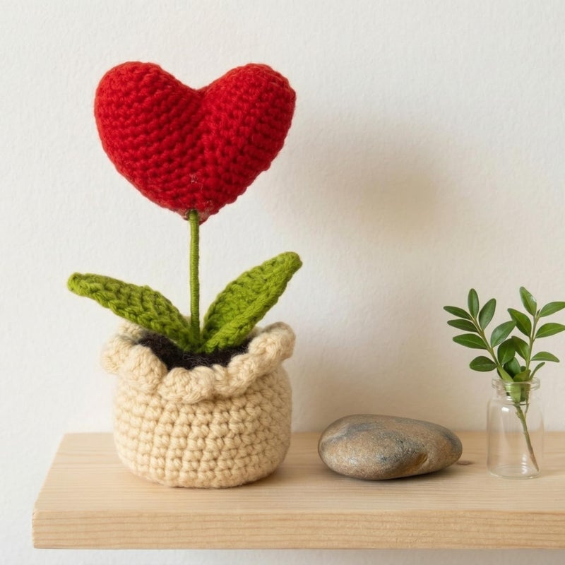 Dekorly Crochet Red Heart Flower – 6 Inch Handmade Knitted Love for Valentine’s Day Gift, Romantic Home Decor, Anniversary & Proposal Keepsake (with Pot) (Crochet Red Heart) - Image 1