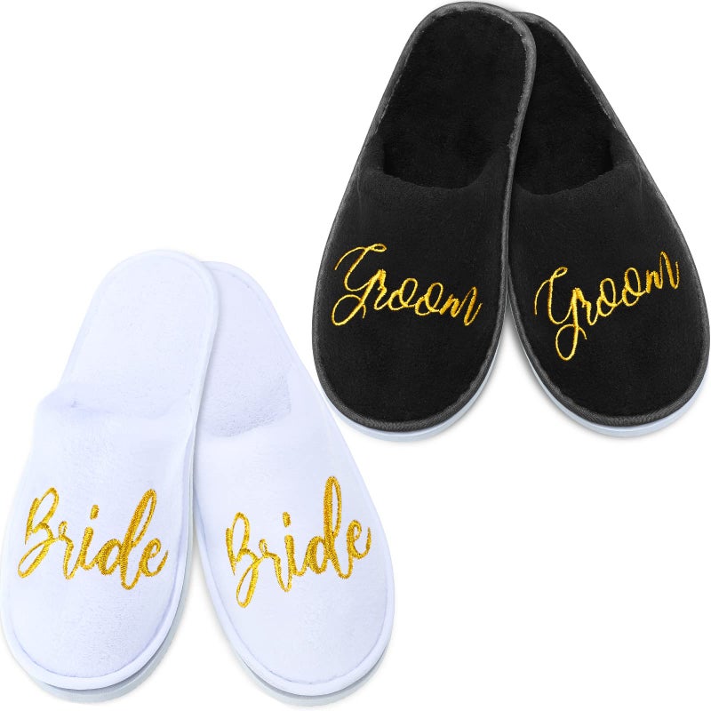 Janmercy 2 Pairs Wedding Slippers Groom Bride Slippers for Wedding Day Personalized Slippers Shower Wedding Bridal Party Gifts, White and Black(Bride Style) - Image 1
