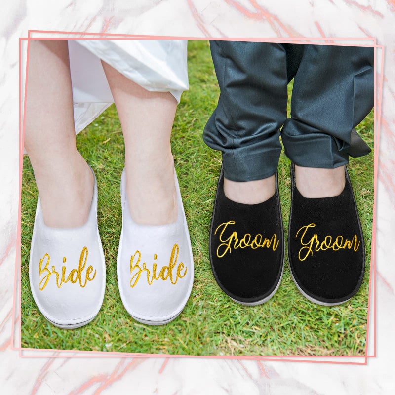 Janmercy 2 Pairs Wedding Slippers Groom Bride Slippers for Wedding Day Personalized Slippers Shower Wedding Bridal Party Gifts, White and Black(Bride Style) - Image 5